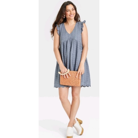 Knox Rose Ruffle Short sleeve Eyelet A-Line Mini Dress Blue/Gray Size S - Picture 1 of 15